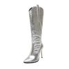 Silver Gold Black Women's Western Boots Cowboy Knee High Boots Stiletto for Wide Calf Pointed Toe 11cm High Heels Shoes