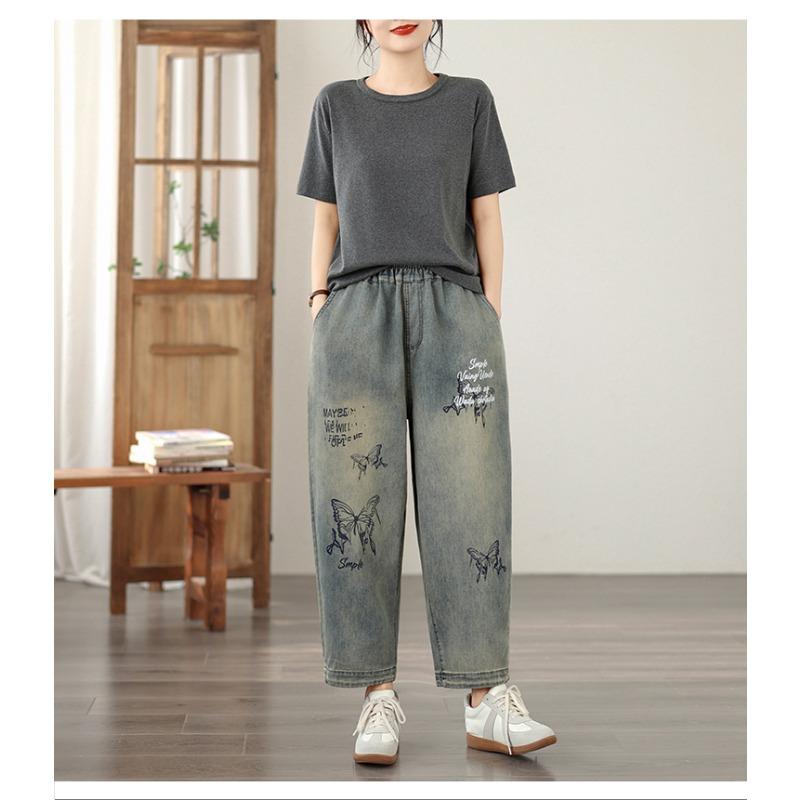 DIMANAF 2026 Summer New Plus Size Women Jeans Print Elastic Waist Long Pants Loose Casual Denim Cotton Trousers Pants