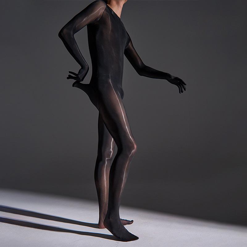 Oil Shiny Jumpsuits Men Full Mesh Body Stockings Glossy Pantyhose Male Ultra Thin Tights Sheer Bodysuits Gay Man Erotic Lingerie