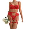 Fashion Red Valentine's Day sexy underwear women's heavy industry embroidery transparent hollow bra garter four-piece set