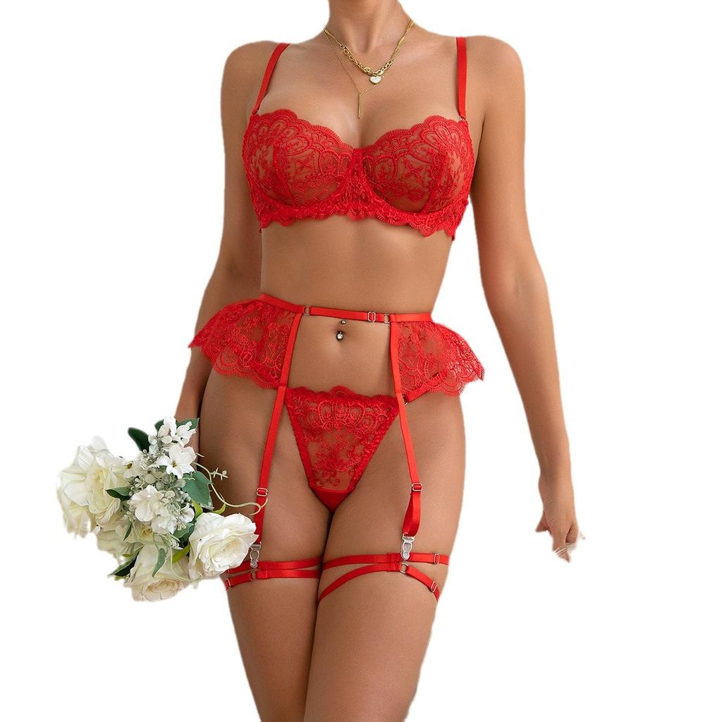 Fashion Red Valentine's Day sexy underwear women's heavy industry embroidery transparent hollow bra garter four-piece set