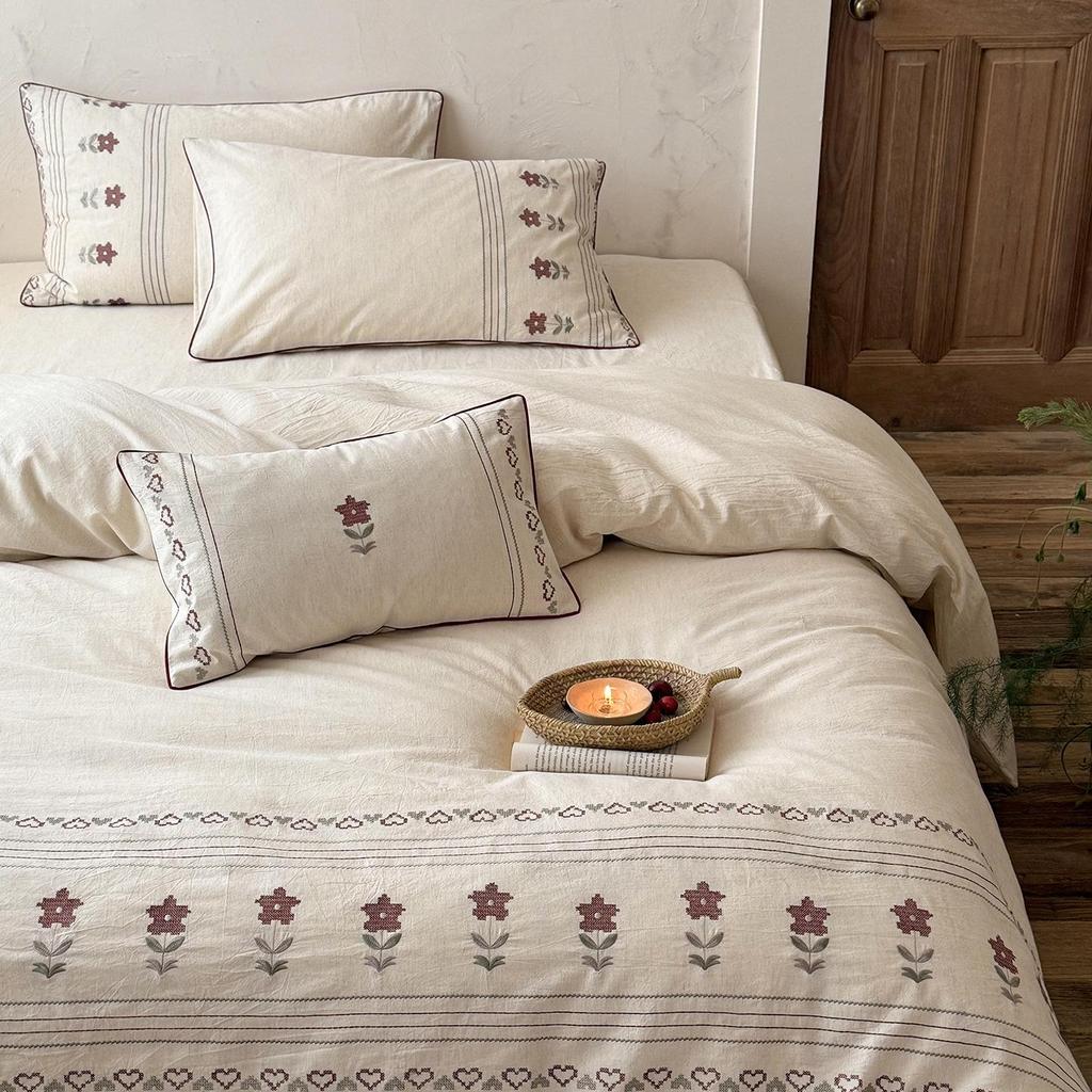 Spring/Summer Skin-Friendly Breathable Yarn-Dyed Cotton-Linen Embroidered Bedding Set