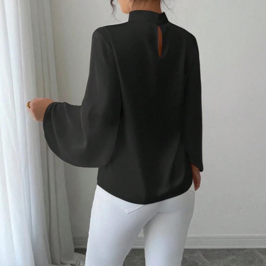 Cămașă de damă la modă, casual, largă, elegantă, cu guler înalt și mâneci lungi