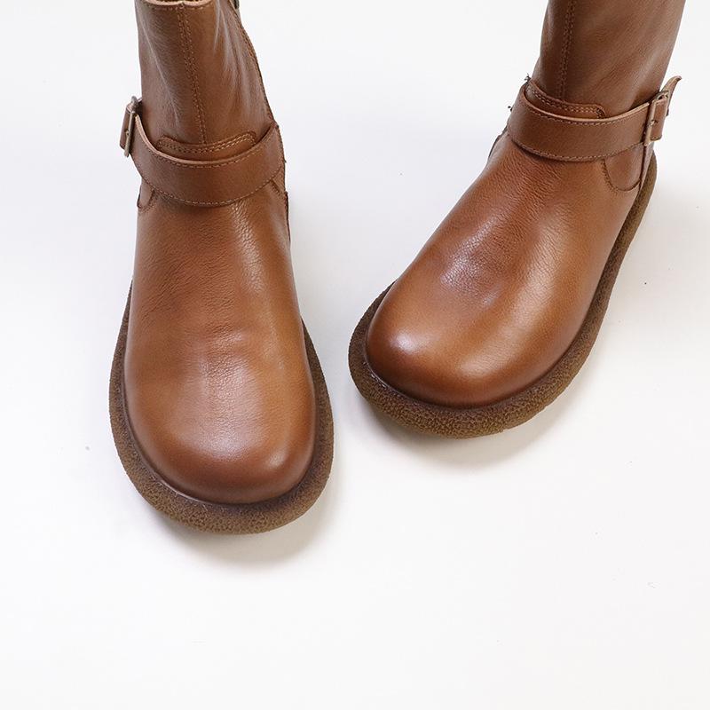 Johnature Retro Klamra Paska Skóra Naturalna Krótkie Botki Okrągły Nosek Boczny Zamek Płaska Podeszwa Damskie Botki