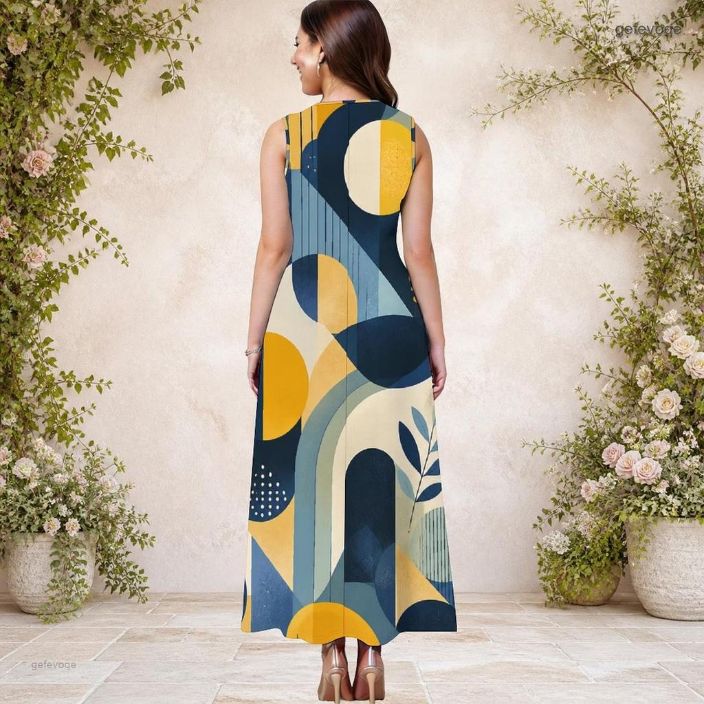 Women Plus Size Round Neck Sleeveless Blue Yellow Geometric Printed A Line Long Dress With Side Pockets