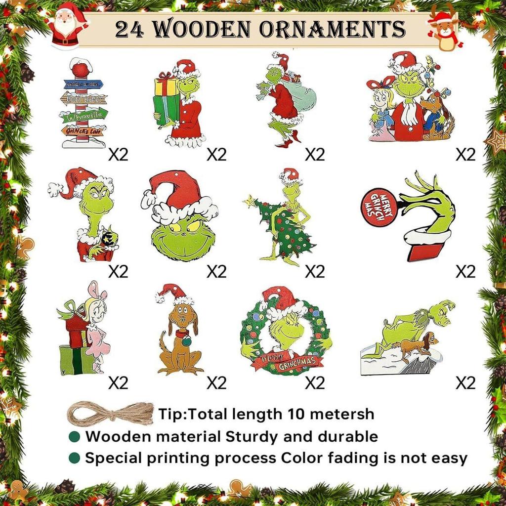 24 Stück Lustige Grinch Weihnachtsdekorationen Weihnachtsbaum Holz Hängeornamente Sortierte Grinch-Motive Weihnachtsbaumschmuck