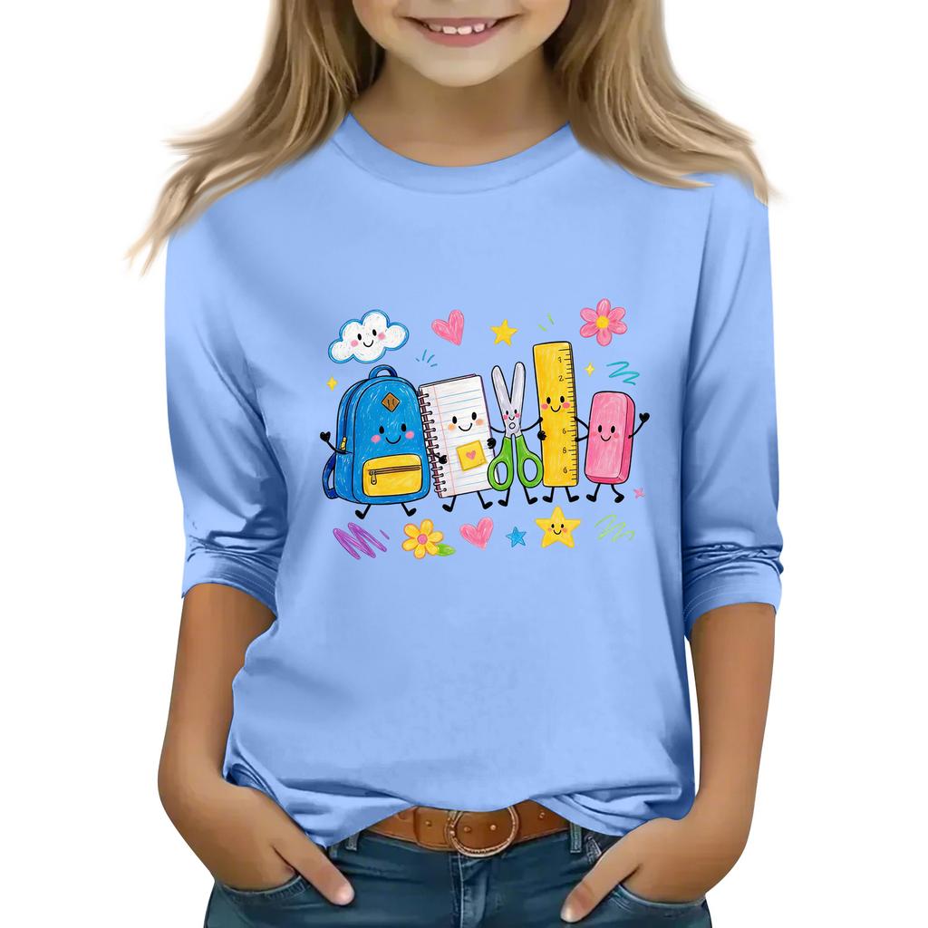 Kids Casual Printed Round Neck 3/4 Sleeve Top for Back to School