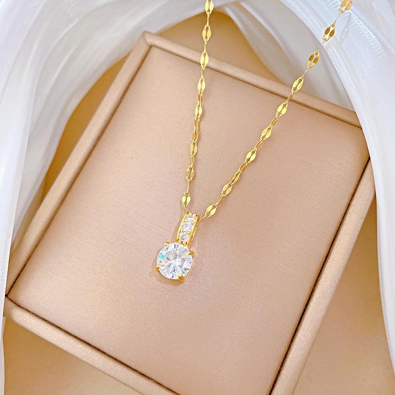Fashion Trendy Geometric Pendant Necklace Titanium Steel Real Gold Plated Micro Inlaid Zircon Sweater Choker for Women Gift