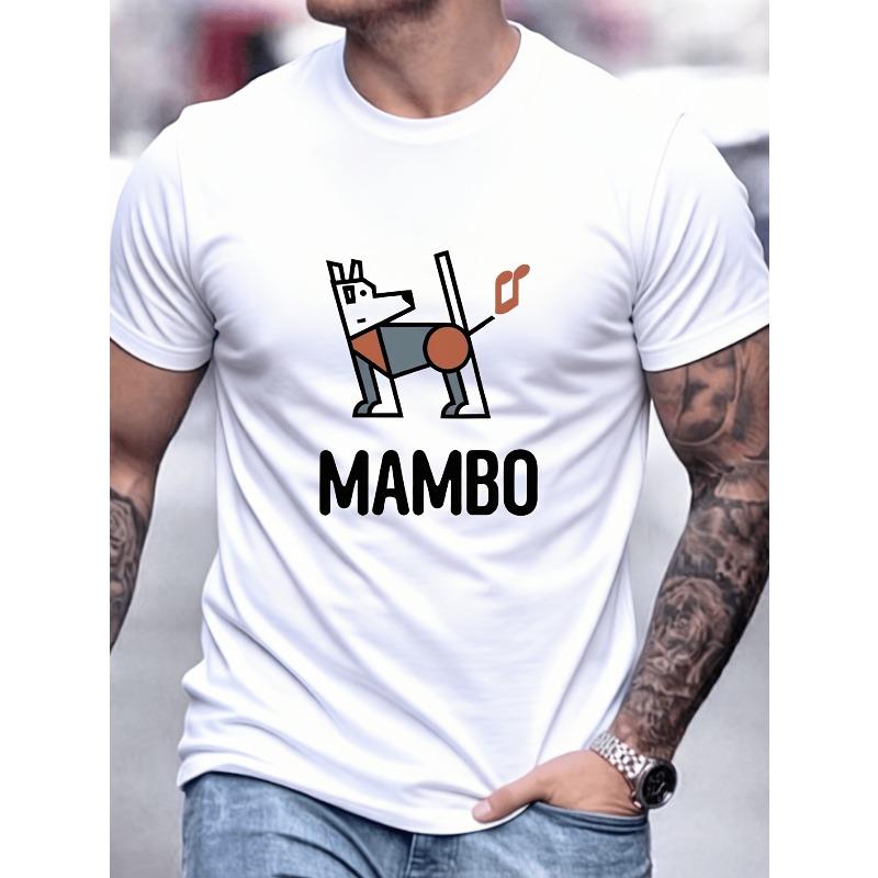 European Size Men'S Mambo Pattern T-Shirt - Whimsical Dog Artwork, Trendy And Fun, Fabric, Round Neck, Short Sleeve Summer Style, Casual Tee