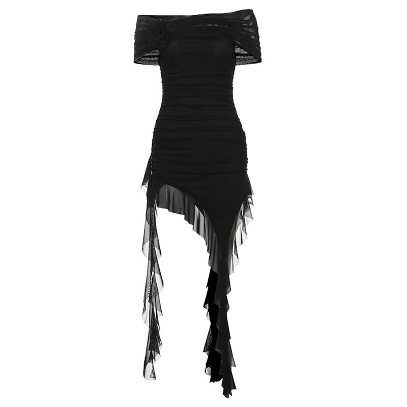 

# Sisjuly# Fairy Flying Asymmetrical Ruffles Slit Sexy Figure Tube Top Dress Female Easiest for Match Black L