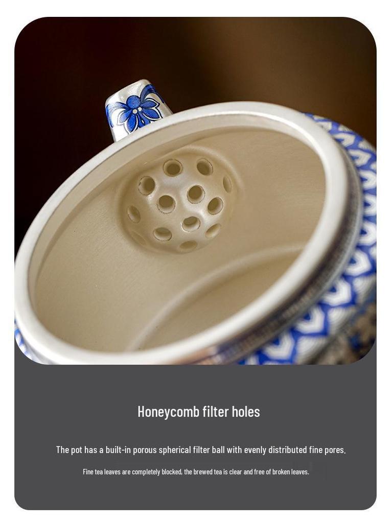 Silver-Plated Blue & White Porcelain Gongfu Tea Set with Kettle Handle - Perfect High-Grade Gift for Elders & Leaders.