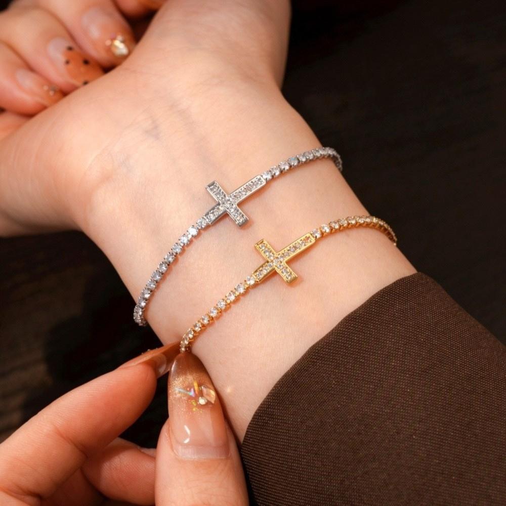 Light Luxury Cross Bracelet Adjustable Elegant Fine Bangle Girl Gift Zircon Paved Bracelet Gift