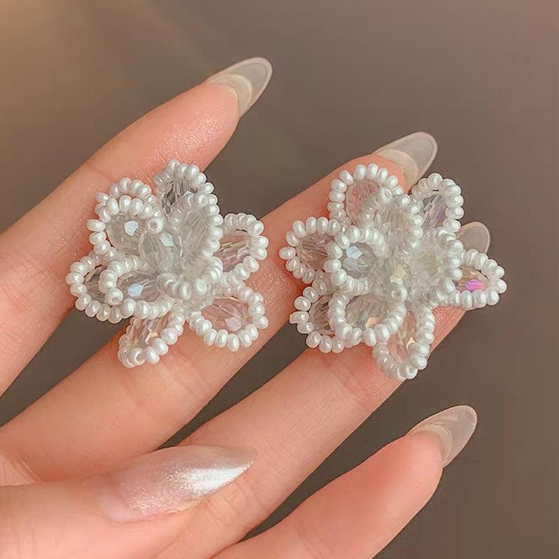 Silver Needle Sweet Crystal Pearl Flower Stud Earrings Women's, New Design Earrings Temperament Earrings