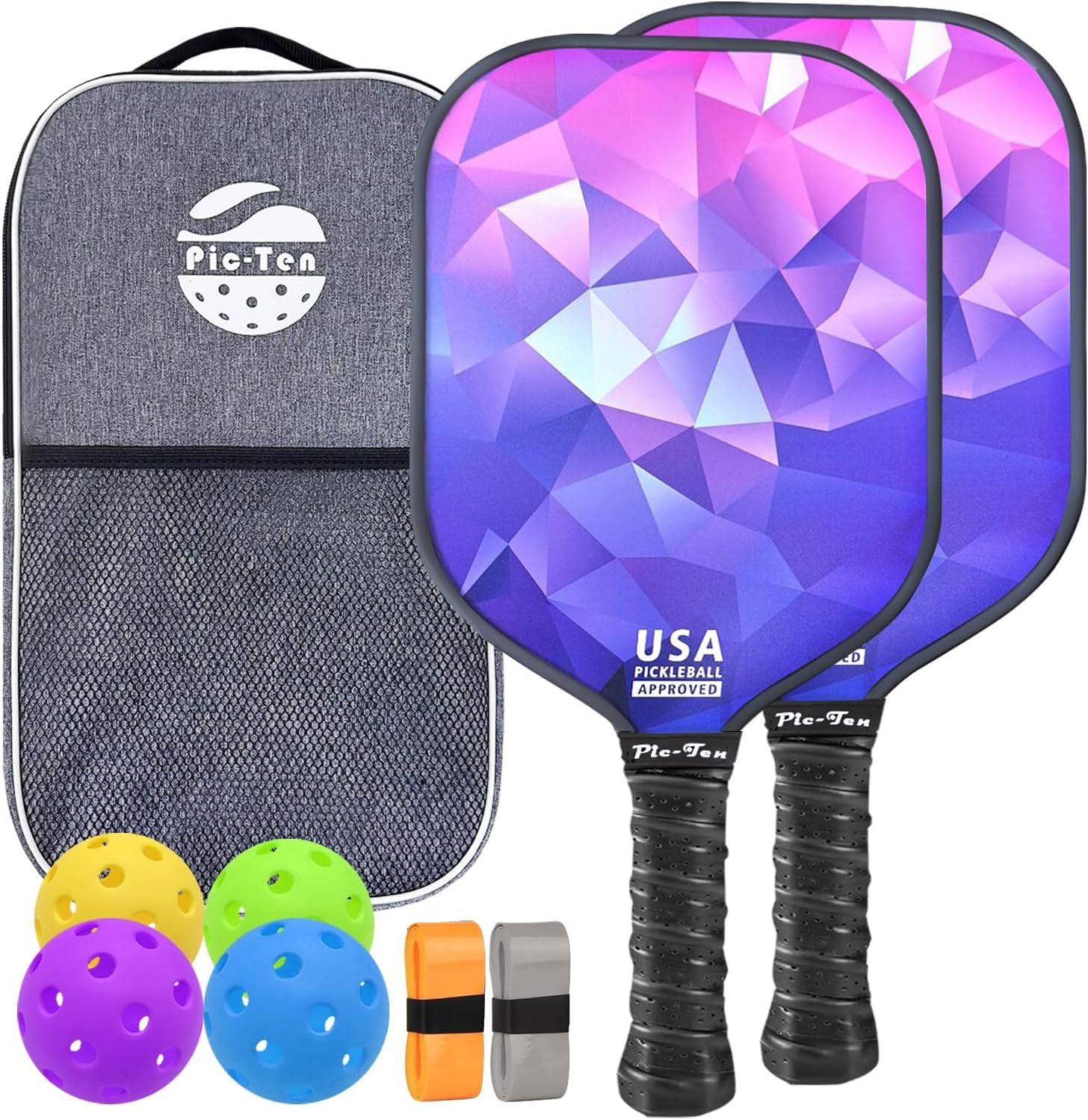 

Pic-Ten Pickleball Paddle Set 2 Pieces USAPA Approved Fiberglass Surface Lightweight High-Performance Polypropylene Honeycomb Core Non-Slip