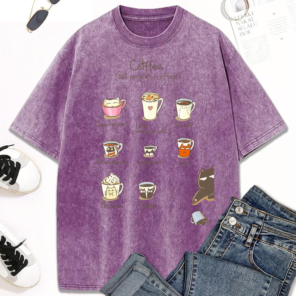 Cat People'S Coffee Illustration Print Women Washed T-Shirt Trendy Crewneck Tee Shirt Clothes Cotton Short Sleeve