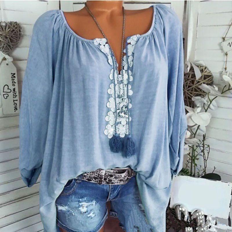 Elegant Plus Size Women Boho Long Sleeve Blouse Baggy Tops With V Neck Design
