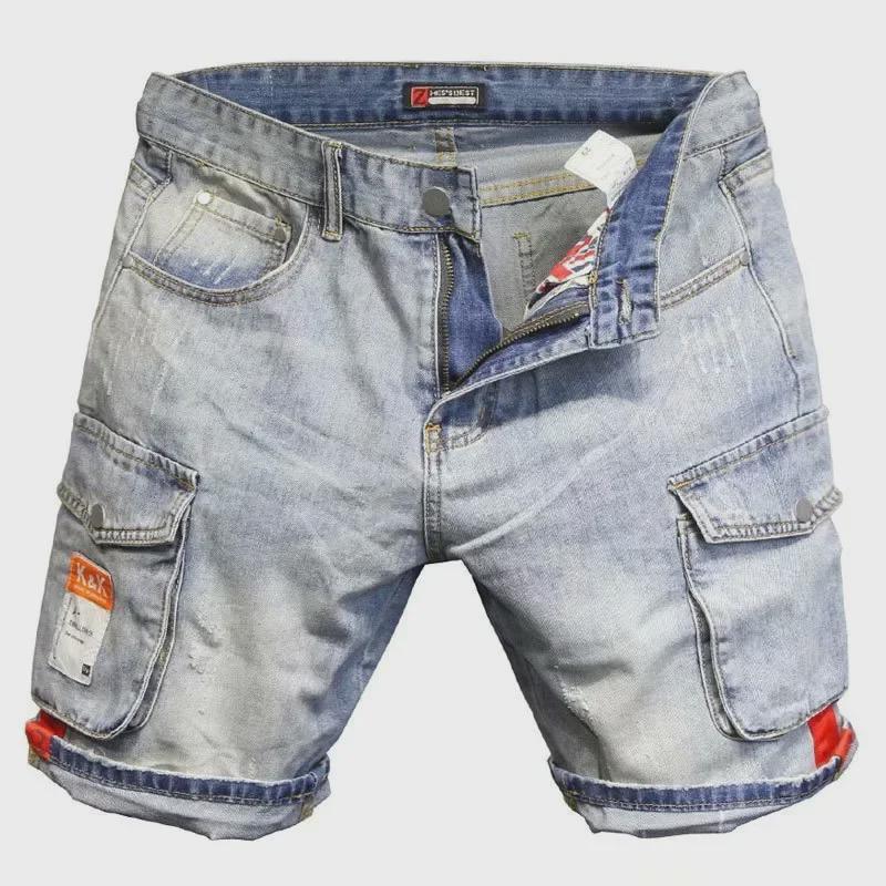 Men's Slim Light Blue Denim Workwear Shorts with Contrast Pockets