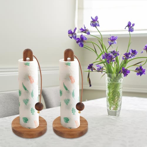 Wooden vertical paper towel holder, freestanding, one-handed tear-off, rounded base, non-slip, stylish paper towel stand, perfect for kitchen storage,