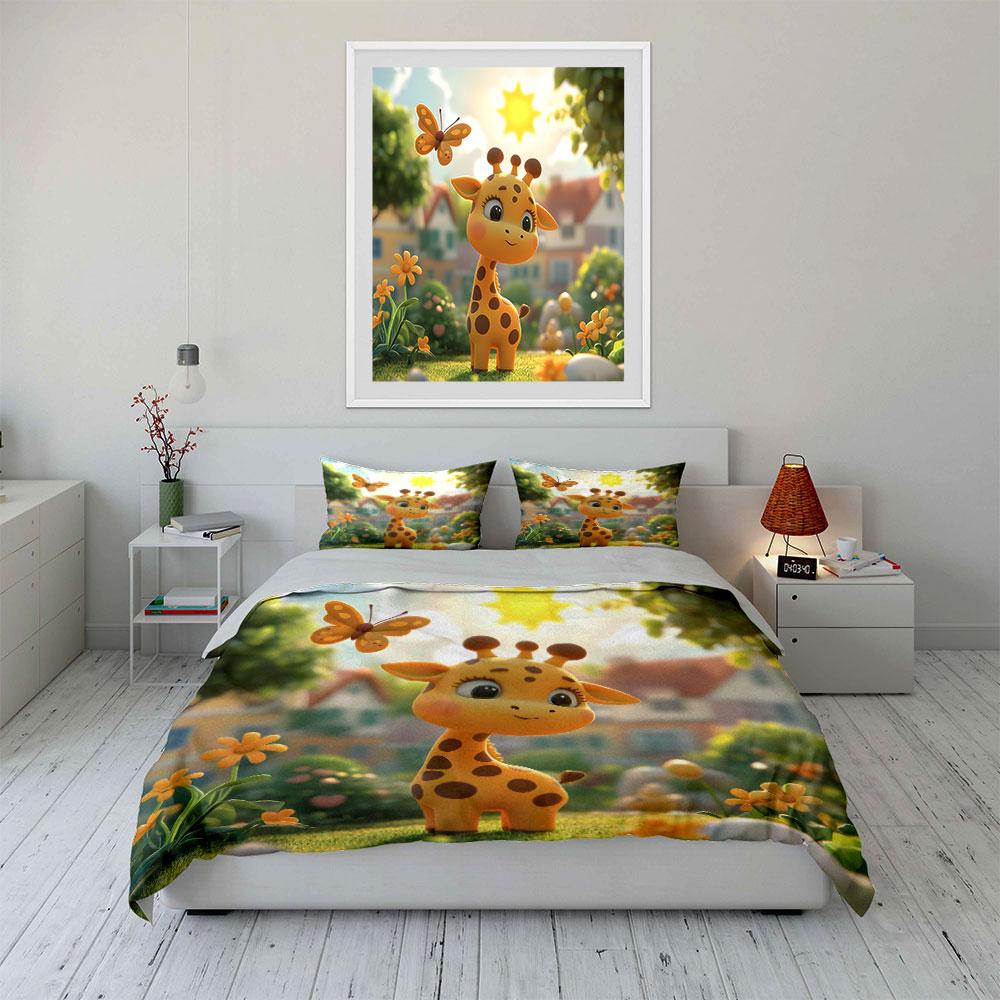Ensemble de décoration de chambre d'enfant Girafe de dessin animé Housse de couette douce et confortable Ensemble de literie Comprenant 1*Housse de couette & 2*Taies d'oreiller, Cadeau