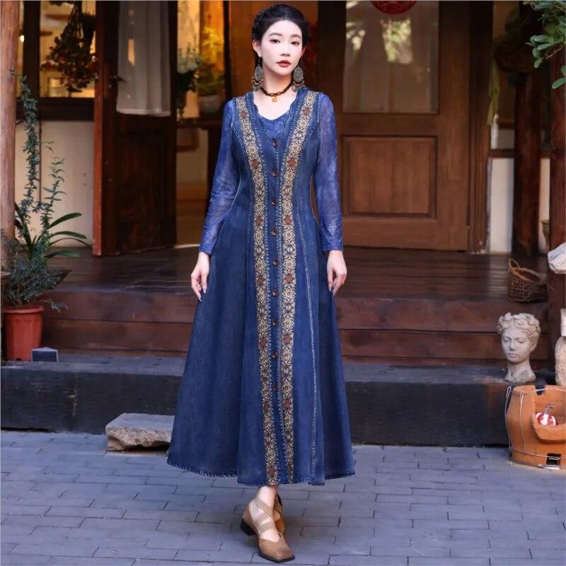 Johnature Embroidery Chinese Style Vintage Sleeveless Dress Woman Spring Cotton Casual Single Breasted Dress