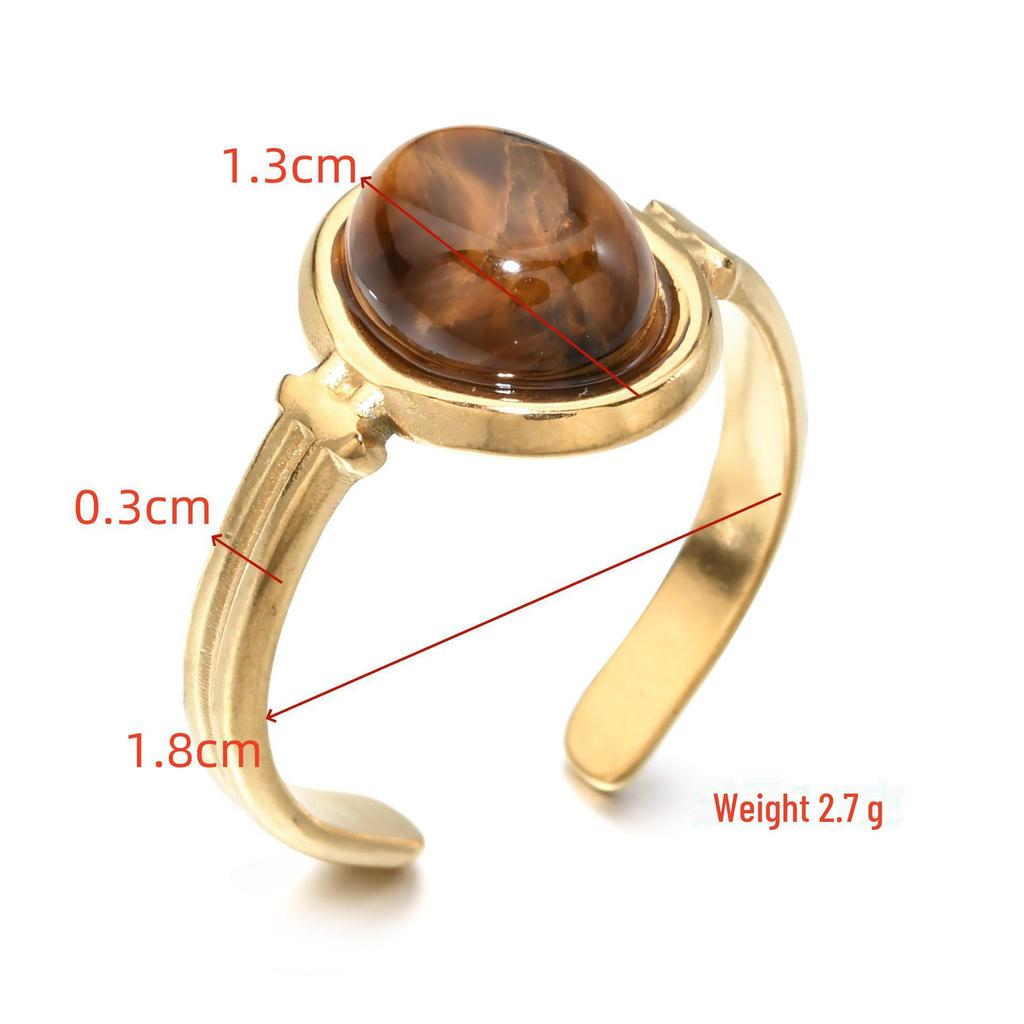 Bague ouverte ovale en pierre semi-précieuse – Bague tendance en acier titane résistant à la lumière pour femme