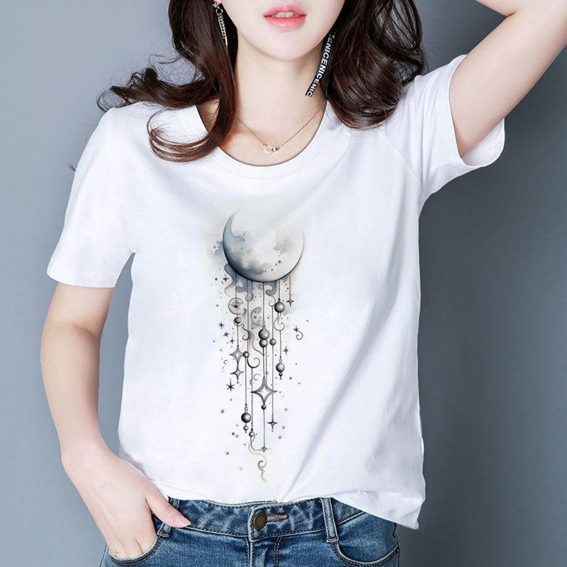 Sommer Neues Individuell Bedrucktes Modisches Damen-T-Shirt Personalisiertes Mondmuster Rundhals-T-Shirt für Damen Harajuku Ästhetik