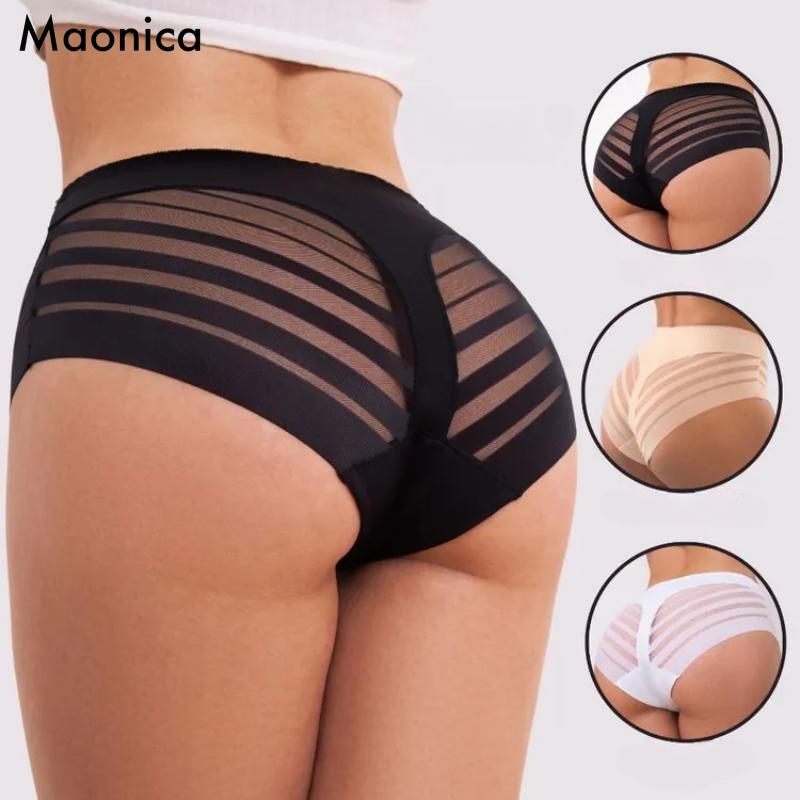 Nahtlose Hohlstreifen-Kontroll-Slips für Damen mit hoher Taille, Eisseide, Po-Lifter-Höschen, Plus-Size-Shapewear