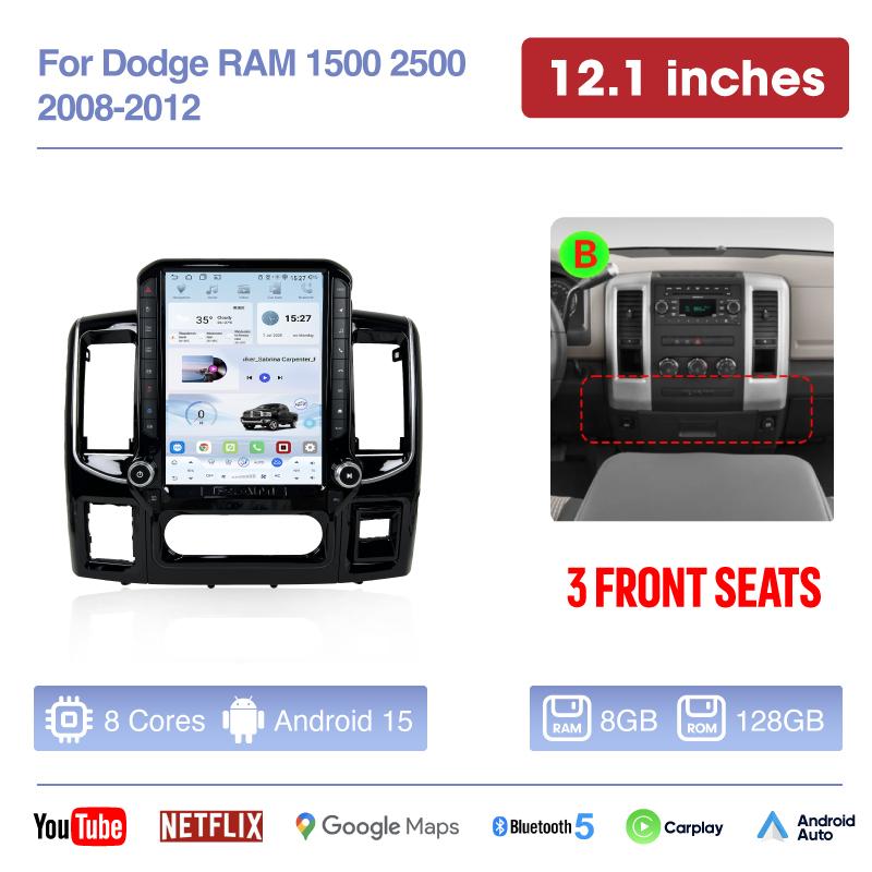 14.5 & 12.1 inch For Dodge RAM 1500 2500 2008-2012 Car radio multimedia GPS navigation Android 15 auto Carplay 360 camera 4G