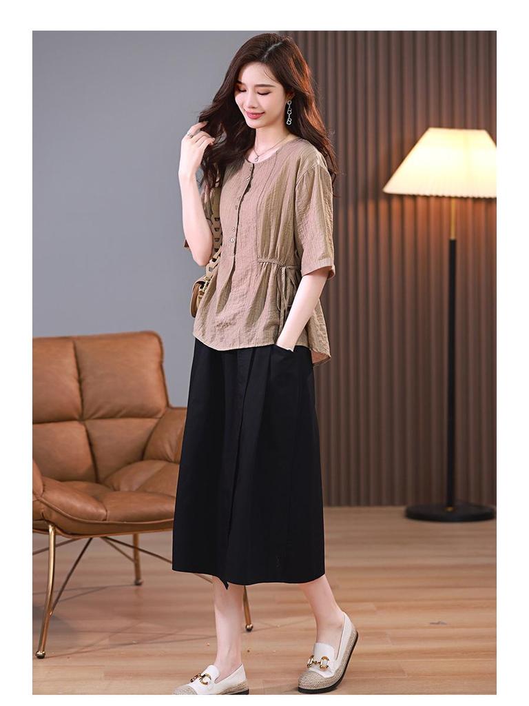 2025 Summer Fashion Tencel Two-Piece Set: Age-Reducing Mom Casual Blouse & Loose Midi Skirt