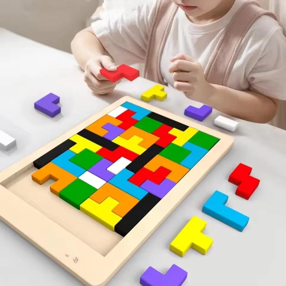 Wooden Building Block Puzzle Toy Tangram Puzzle Intelligent Colorful 3d Russian Building Block Children Montessori Education