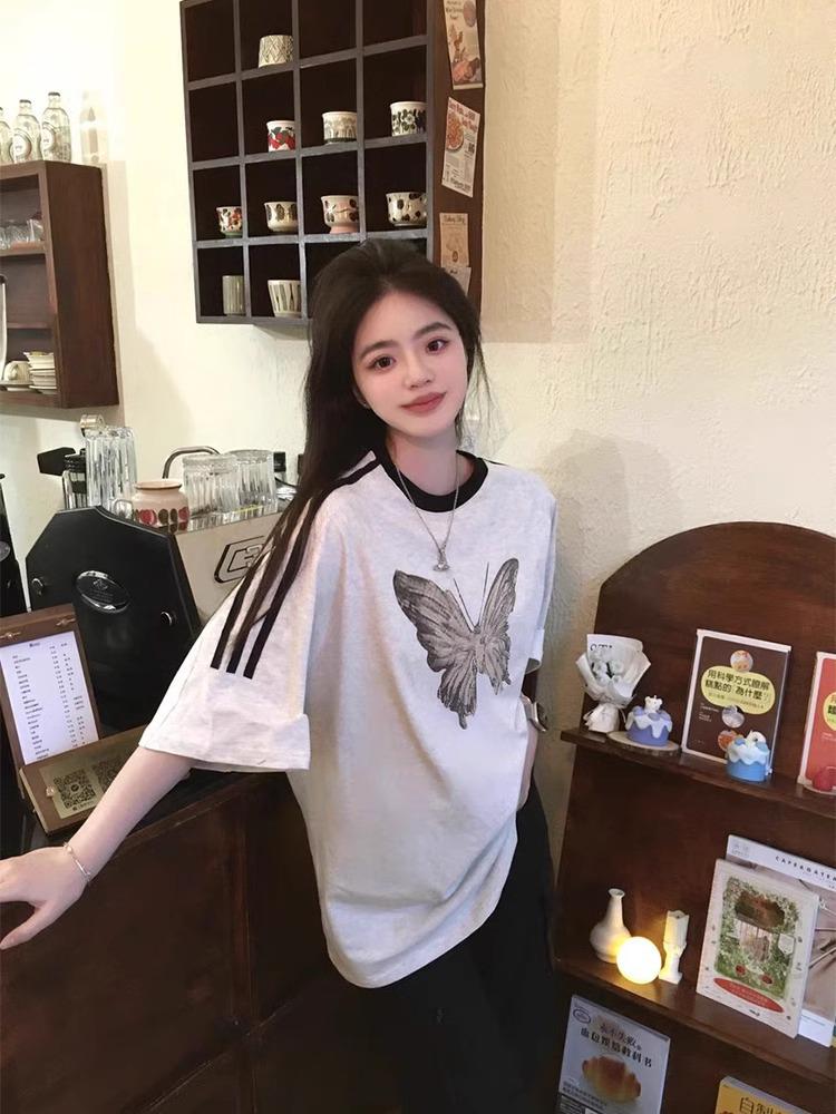 Gray Butterfly Print Women's Cotton Loose Half Sleeve Summer T-Shirt 2025