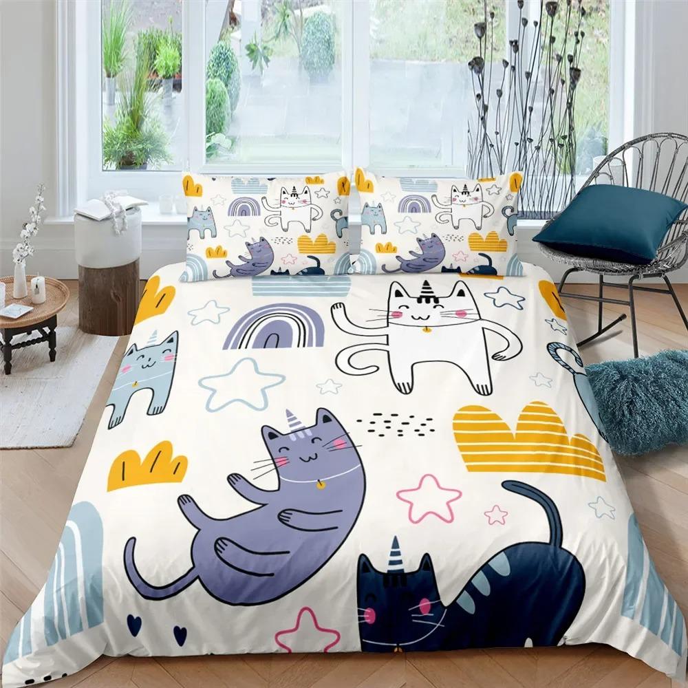 Conjunto de cama de gato de desenho animado infantil Kawaii Kitty Capa de edredom colorida para animais de estimação Capa de edredom King Twin Queen Capa de edredom de poliéster