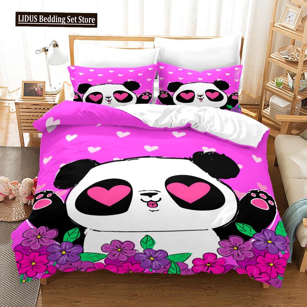 3D Panda Duvet Cover Set King Size Cute Panda Bamboo Bedding Set Black White Bear Polyester Quilt Cover For Boy Kid For Bedroom