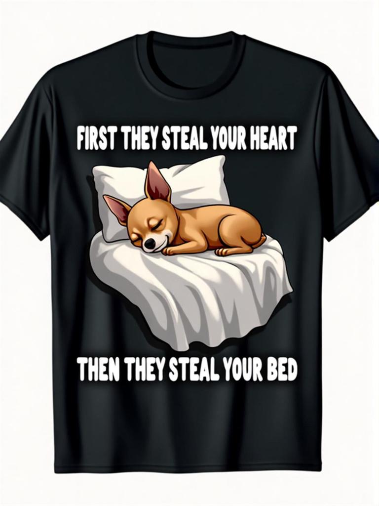 Men' Black Chihuahua Dog Lover TShirt Soft Round Neck Casual Shirt with Chihuahua & First They Steal Your Heart Slogan Machine Washable Comfortable Su