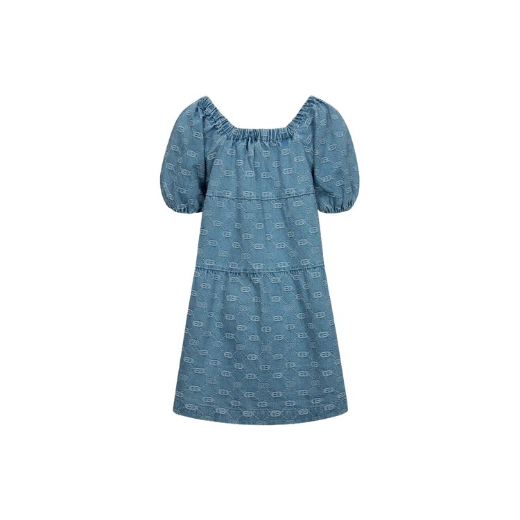 Evisu SS24 Seagull Embroidery And Allover Logo Jacquard Fashion Denim Short Sleeve Dress Women Dress Denim-Blue 2ESHTW4DR4070FFDP