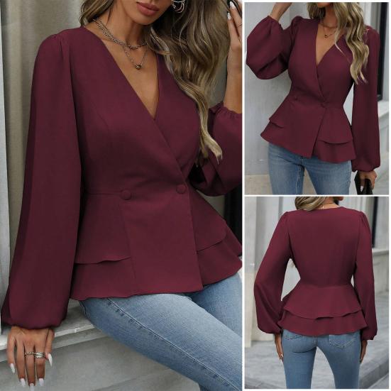 Women Tops V Neck Long Sleeve Slimming Blouse Waist Tight Ruffle Trim Hem Solid Color Shirt Tops Daily Wear