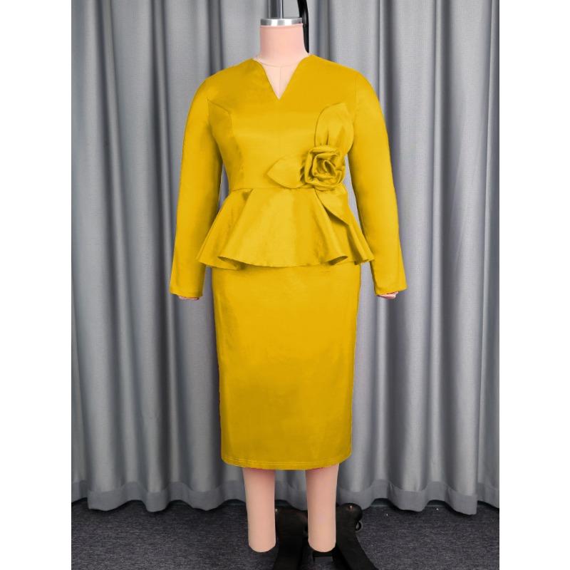 Plus Size Women Long Sleeve V Neck Bodycon Dress For Banquet Commute