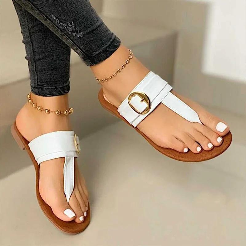 fashion Slippers Women's Flip Flops Clip Toe Flat Sandals Summer T Tied Beach Casual Ladies Shoes Fashion Female PU Leather Footwear New