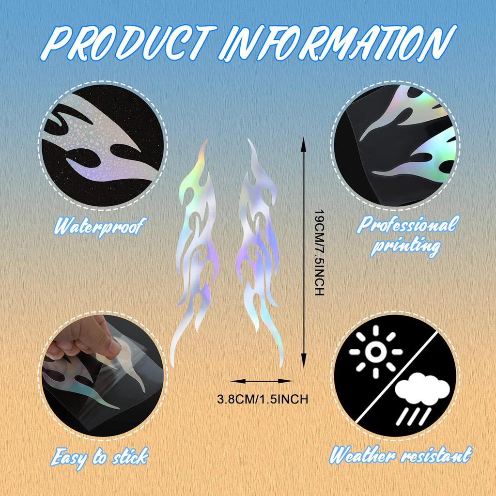 TOMALL 4 Pcs 19cm Flame Reflective Sticker for Car Flame Racing Sports Stripe Decal for Golf Cart Vinyl Waterproof Decal Decoration for Car Body Side