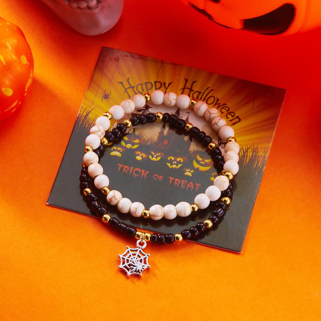 2Pcs/Set Halloween Pumpkin Spider Bracelets For Women Men Cute Cat Bat Ghost Couple Bangles Crystal Beads Bracelets Jewelry Gift