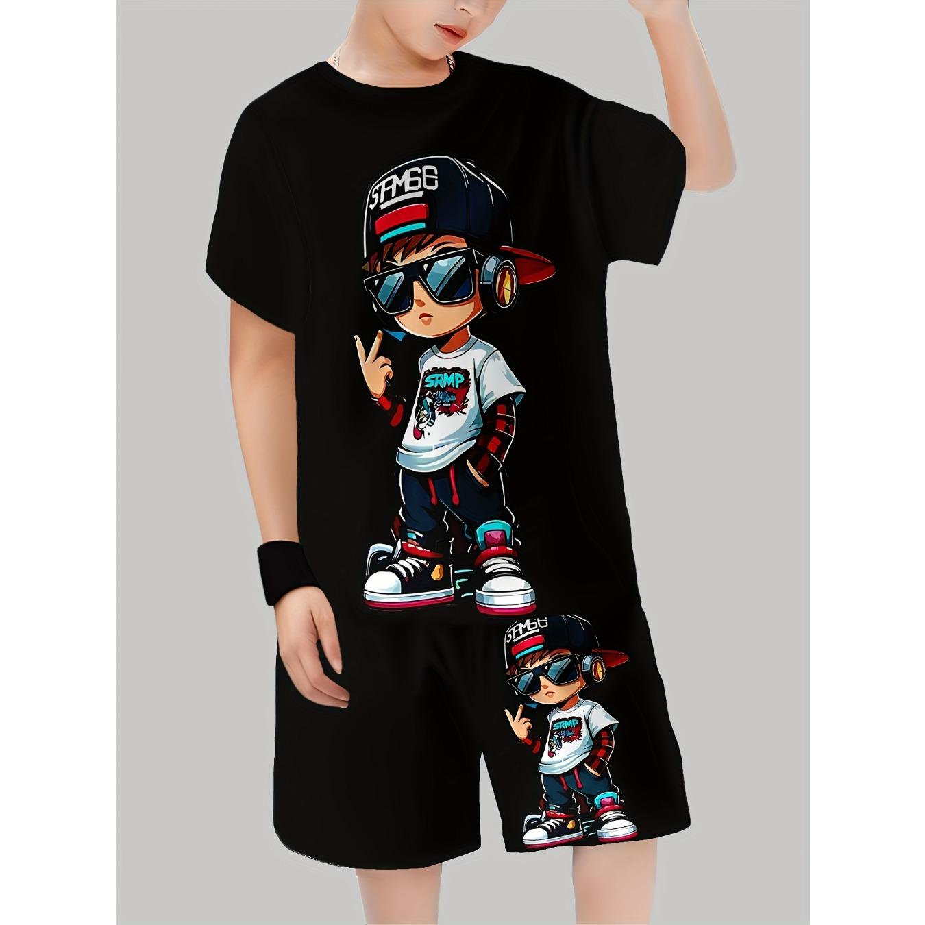 

Boys 3D Print Casual Outfit Set - Fashionable T-Shirt & Shorts Combo, Black with Cartoon Character Design, Lightweight Polyester 13-14Y