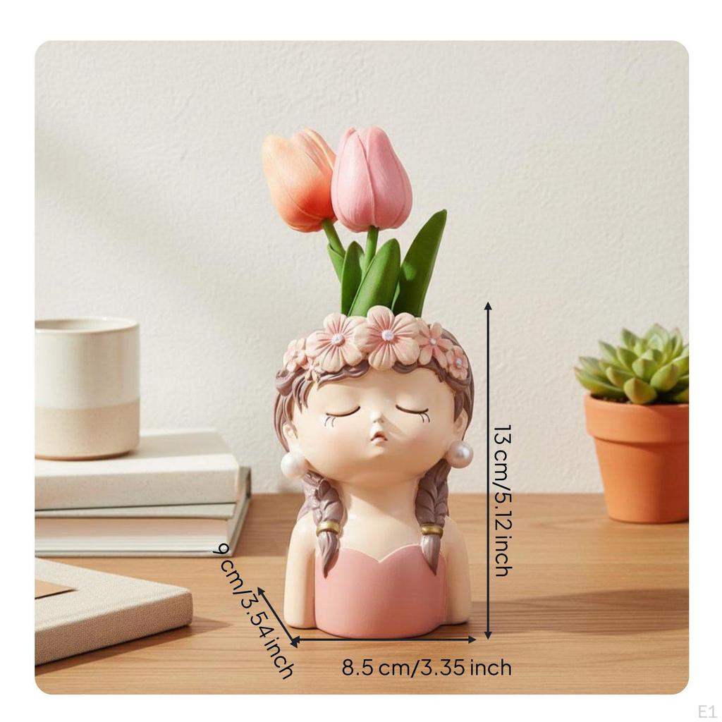 Resin Girl Planter Tabletop Display Lovely Bloom Pot Cute Design Statue for Balcony