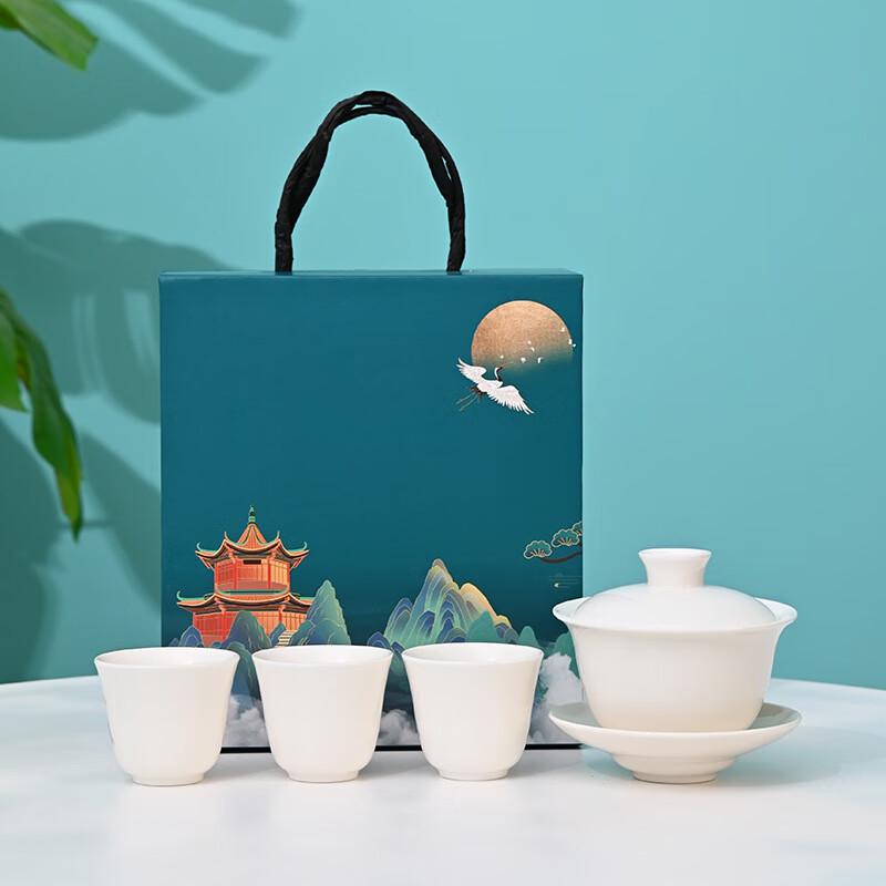 

Jun Seventeen Mutton-Fat Jade White Porcelain Tea Set Gaiwan + 3 Cups