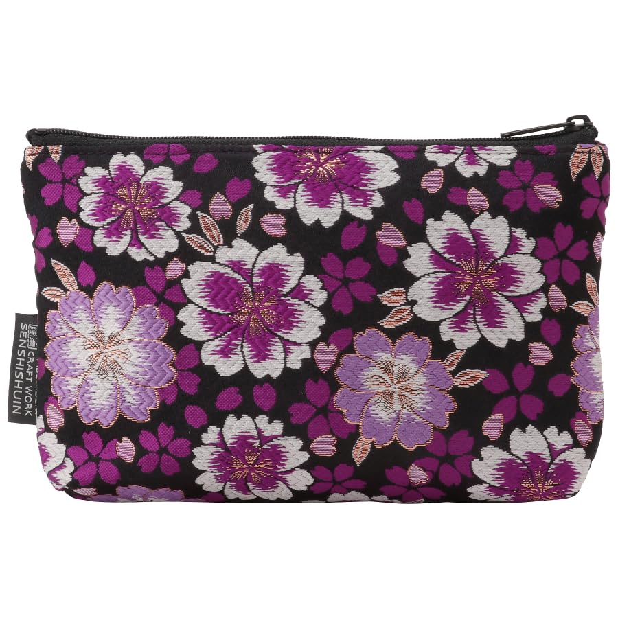 Senshishuin Nishijin Brocade Pouch with Double Cherry Blossom Design (Lined) Black-Purple (Small)