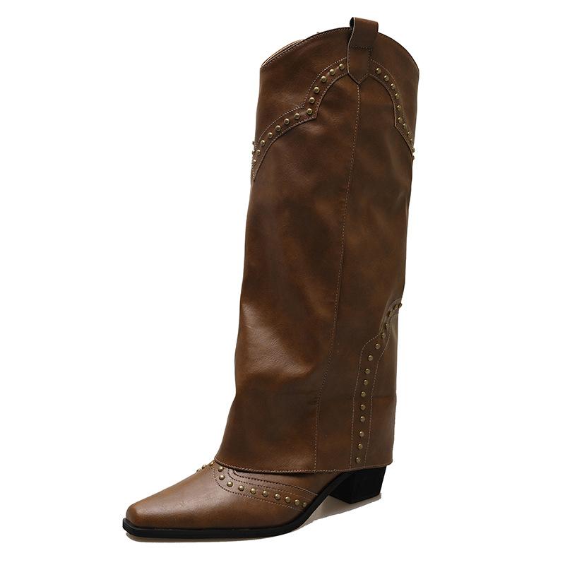 Rivet high trouser boots women's 2025 new spring and autumn thick heel western cowboy boots knight boots small women's boots
