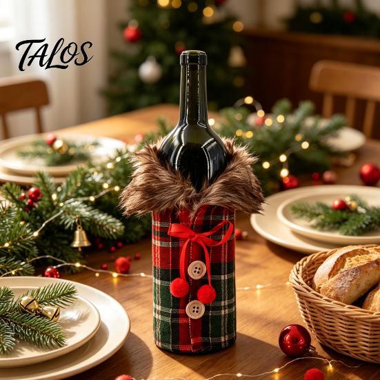 Reusable Wine Bottle Decorations Christmas Sweater Cover, Faux Fur Collar And Button Covers Coat Design Plaid Clothes for Party Decoration Holiday
