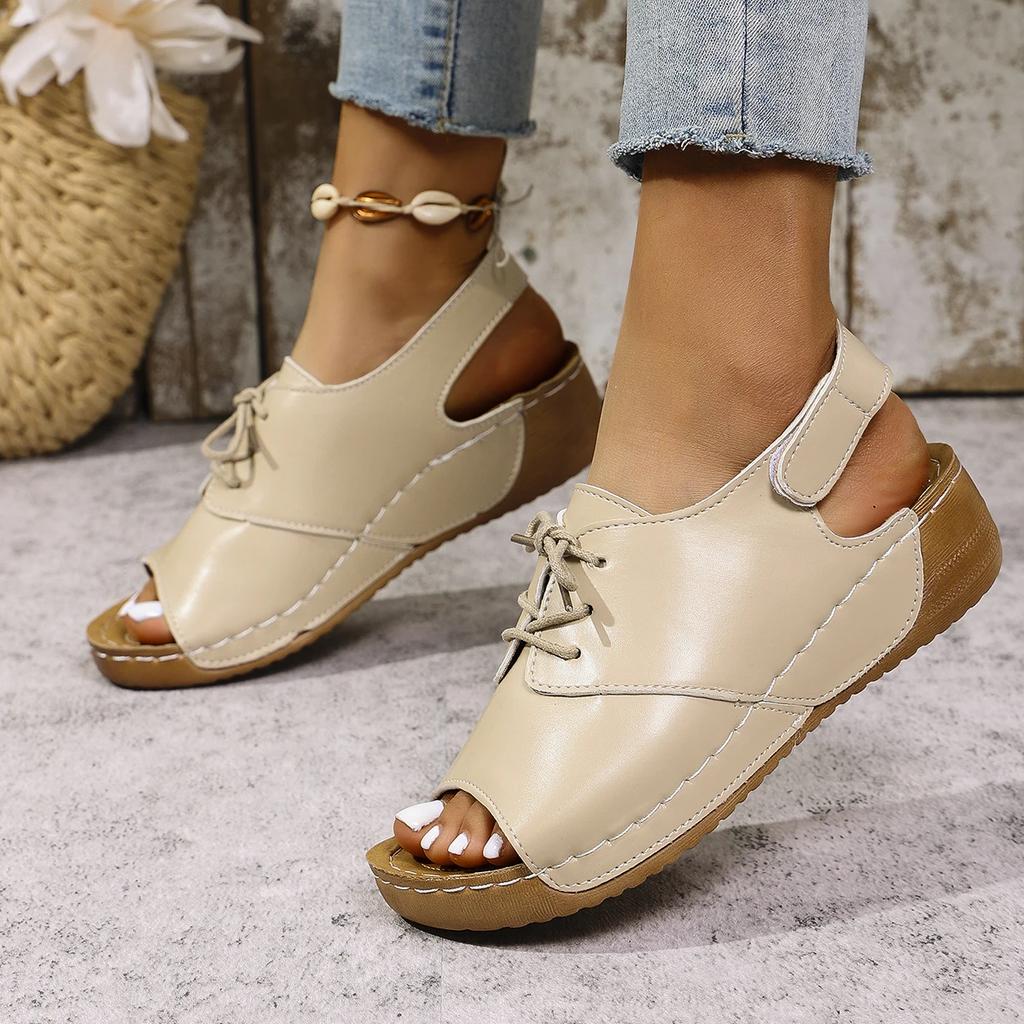 New Women's Med Heels Platform Sandals Lace Up Summer Peep Toe Casual Clogs Shoes Woman Leather Wedges Roman Sandalias Mujer