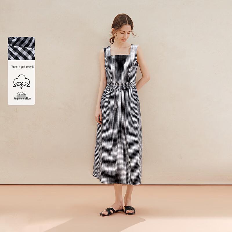 INMAN Retro Plaid Square Neck Sleeveless Dress M