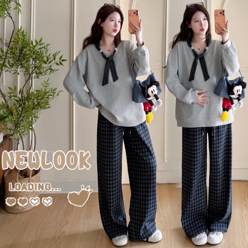 In-Stock Spring 2026 Maternity Set: V-Neck Drawstring Top & Plaid Pants M