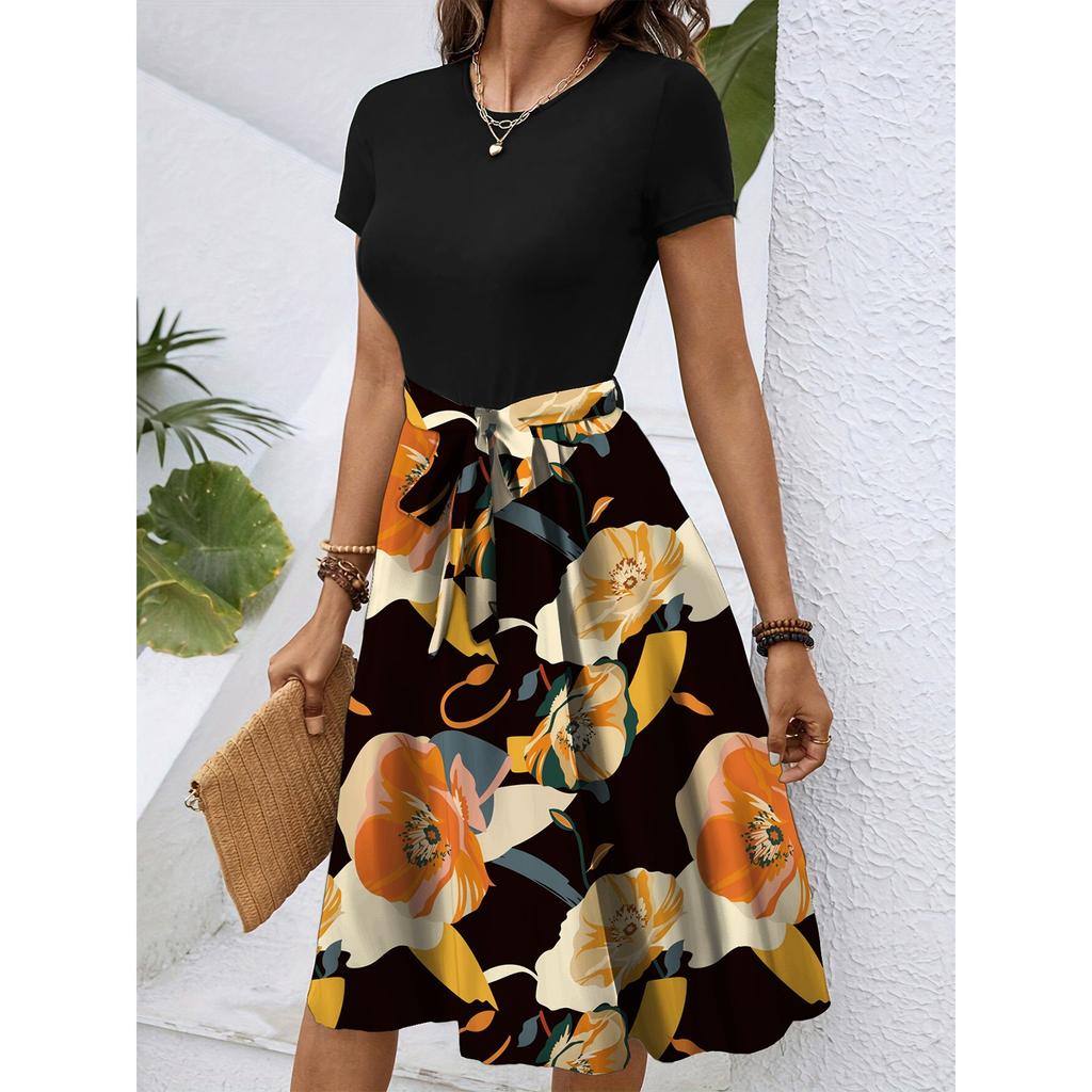 Women's Fashionable Retro Patterned Printing Color Blocked Belt Casual Dress